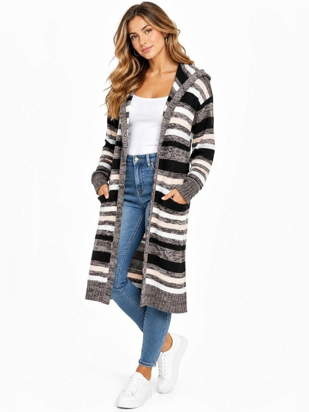 Evelyn Taylor Striped Hooded Cardigan in Black & Gray Size Medium
